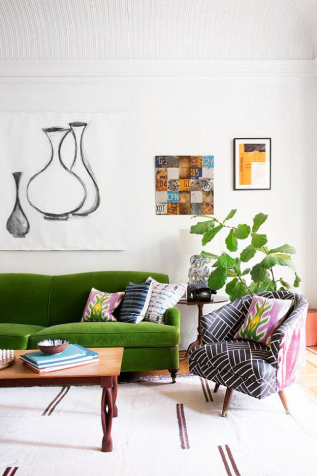 Expert Tips For Mixing Patterns Thou Swell Tips For Mixing Pattern With Steve Mckenzie Green Velvet Sofa In A Bohemian Living Room