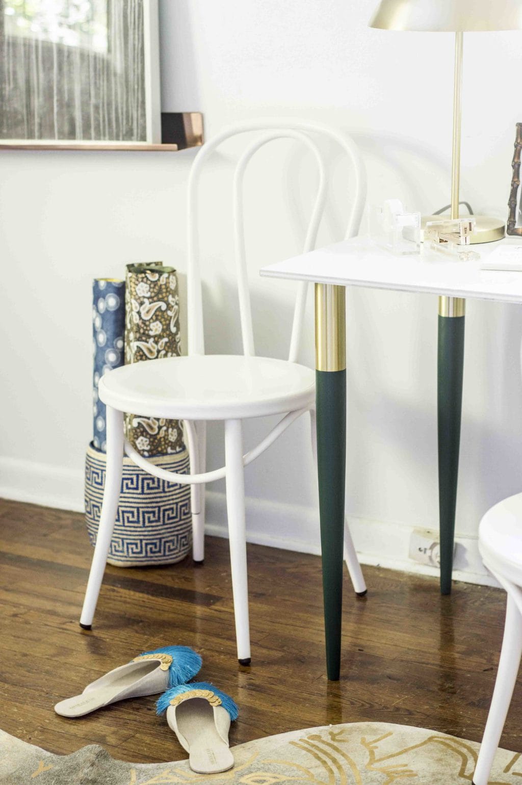 Blue and green bedroom makeover, white bistro chair and green and gold table legs on Thou Swell @thouswellblog