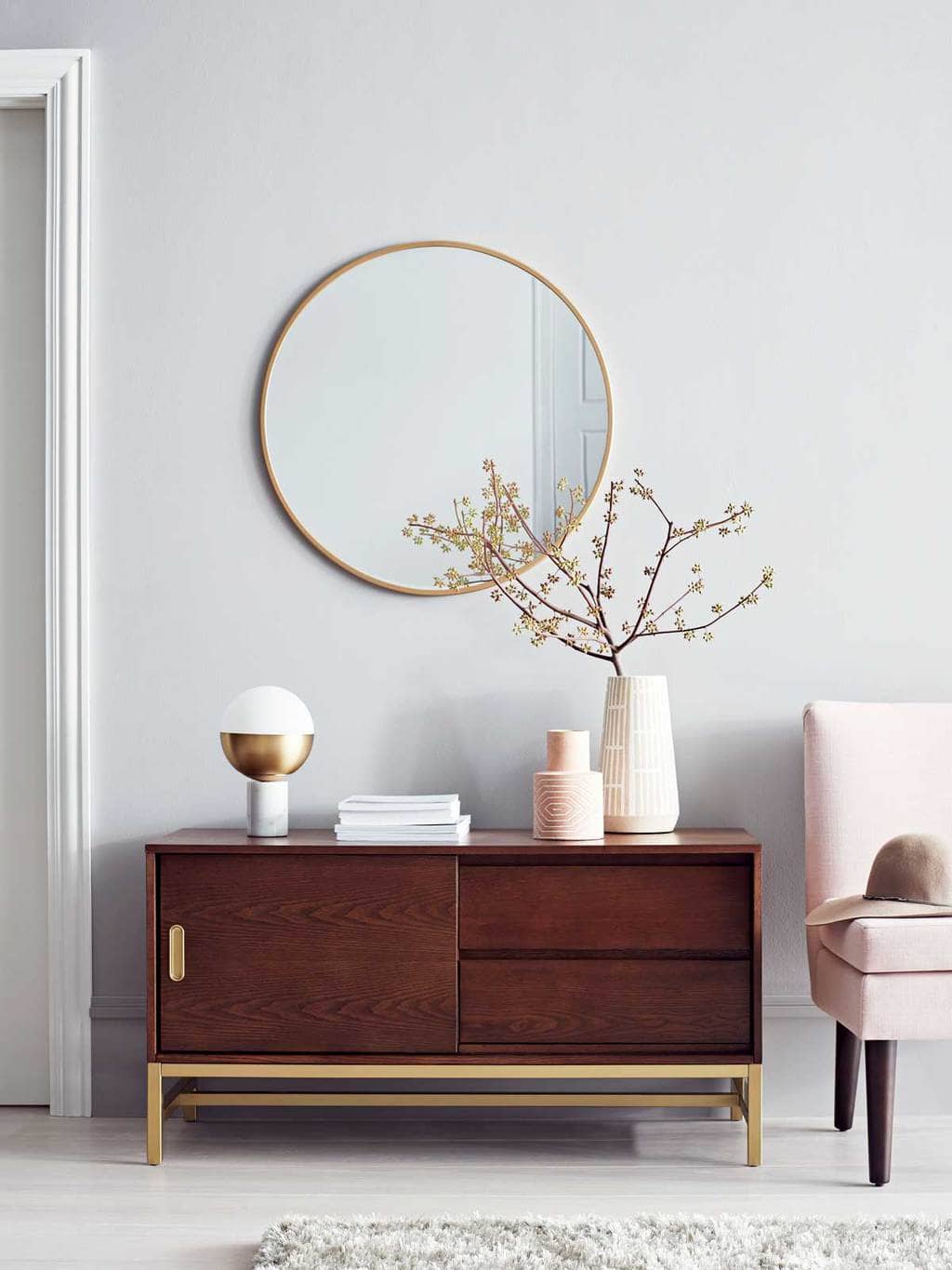 The Best Of Target S New Project 62 Thou Swell Modern Sideboard And Round Mirror With Blush Slipper Chair From Project 62 On Thou Swell