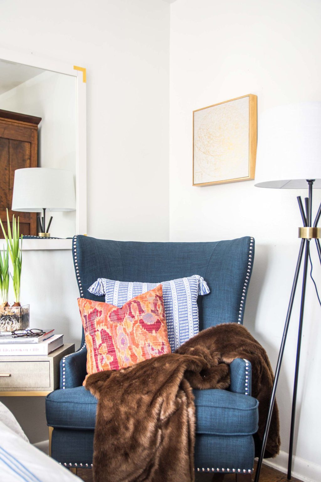 Why Your Bedroom Needs An Accent Chair Thou Swell Gold Accents Are Another Motif That Tie This Corner Into The Rest Of Room With Detail On Tripod Floor Lamp Wall Art Base Side